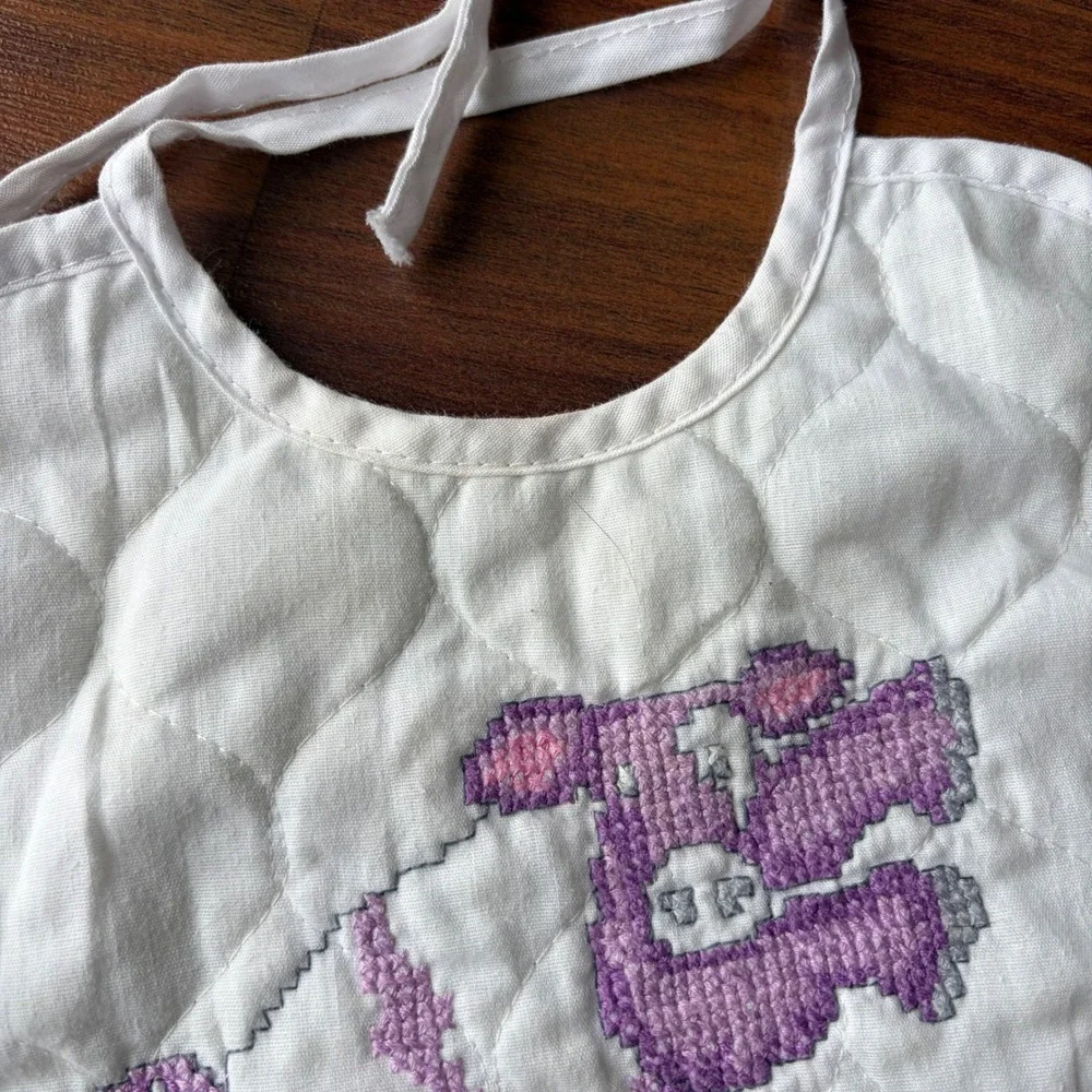 Baby Ware Janlynn Quilted Bib Purple Cow Moon‎ Stars Cross Stitch Tie